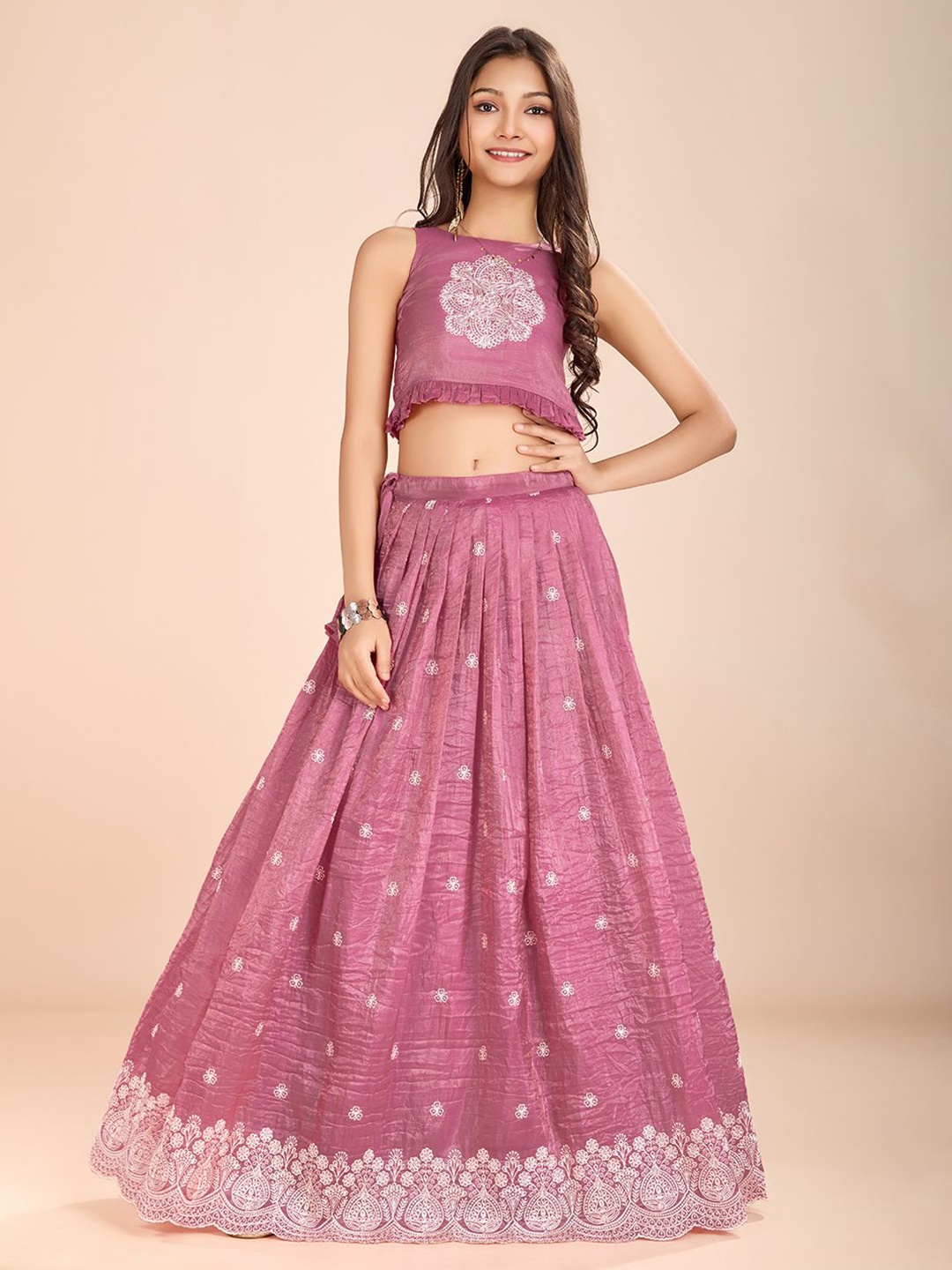 

Tasarika Girls Embroidered Thread Work Ready To Wear Lehenga & Choli, Pink