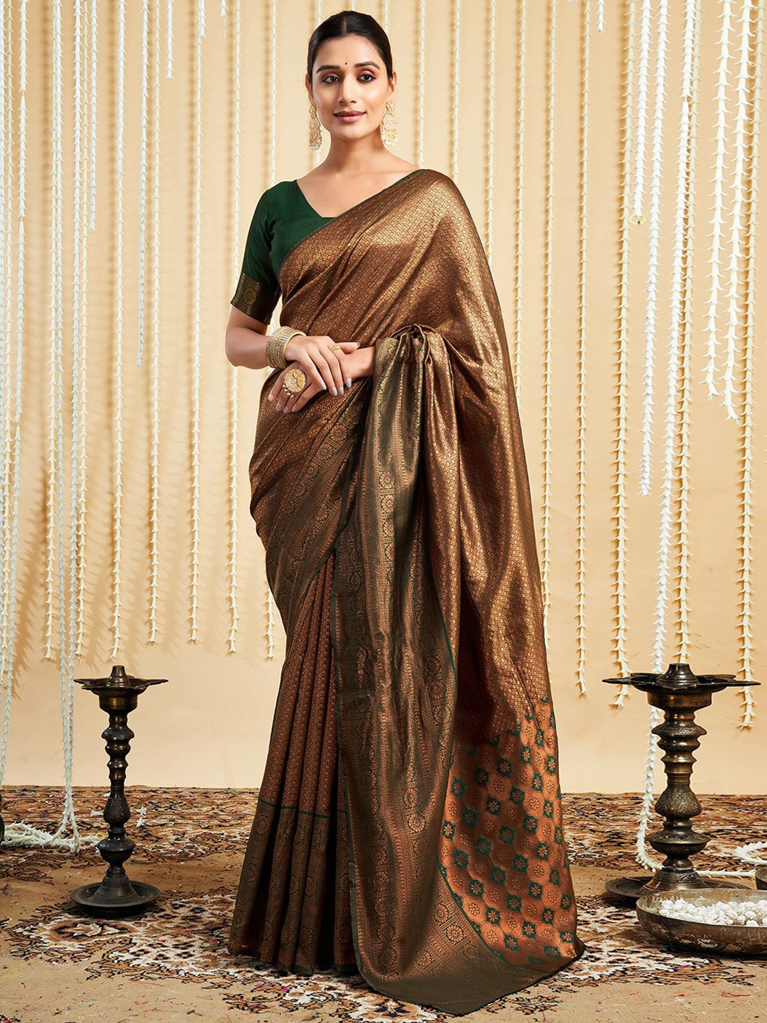 

HERE&NOW Ethnic Motifs Woven Design Zari Mysore Silk Saree, Green