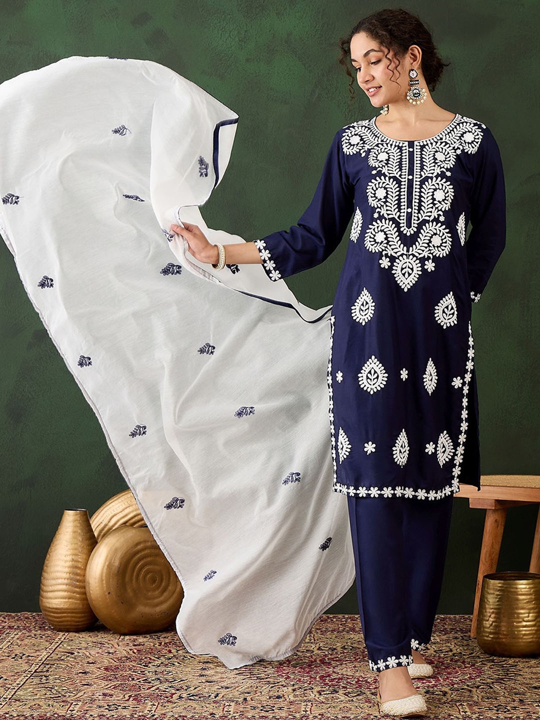 

Maroosh Floral Embroidered Round Neck Thread Work Straight Kurta With Trouser & Dupatta, Navy blue