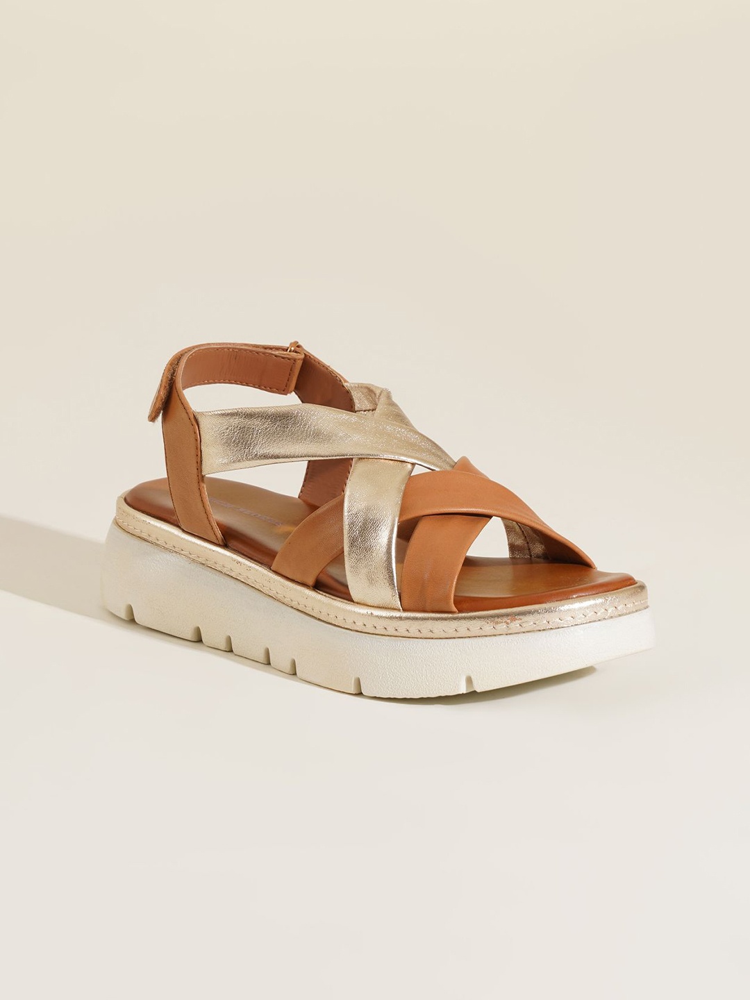 

Peach Flores Leather Wedge Adele Leather Sandal with Buckles, Tan