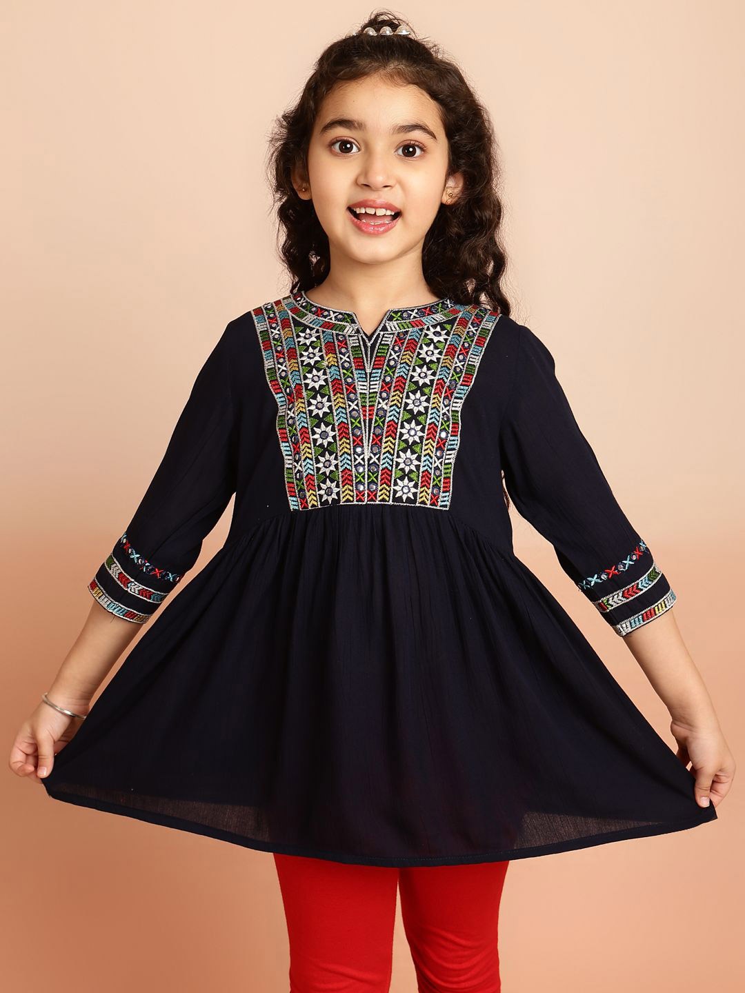 

Miss & Chief Geometric Embroidered Round Neck A-Line Regular Top, Navy blue