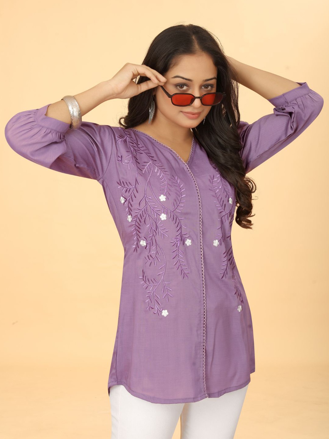

Kesudi Women Embroidered V Neck Three-Quarter Sleeves Tunic, Purple