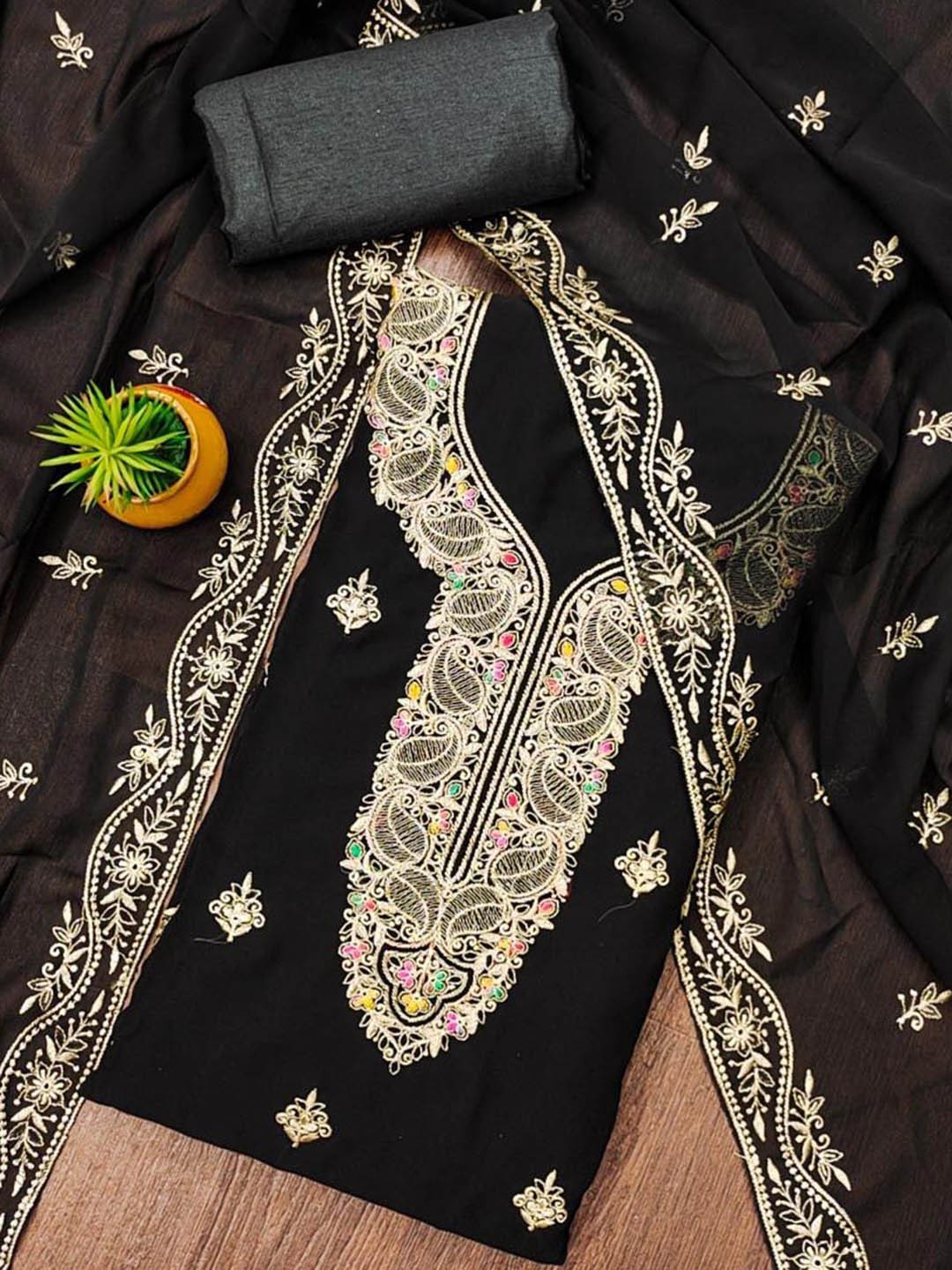 

SAINOOR Floral Embroidered Silk Georgette Unstitched Dress Material, Black