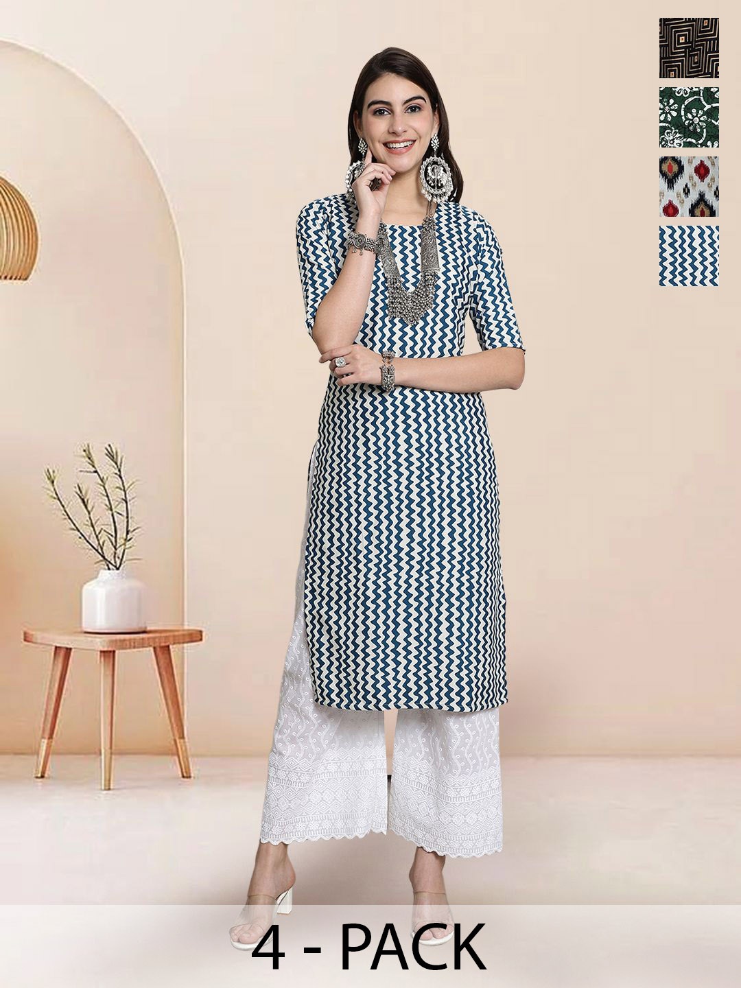 

7Threads Selection Of 4 Chevron Printed Round Neck Straight Kurtas, Turquoise blue