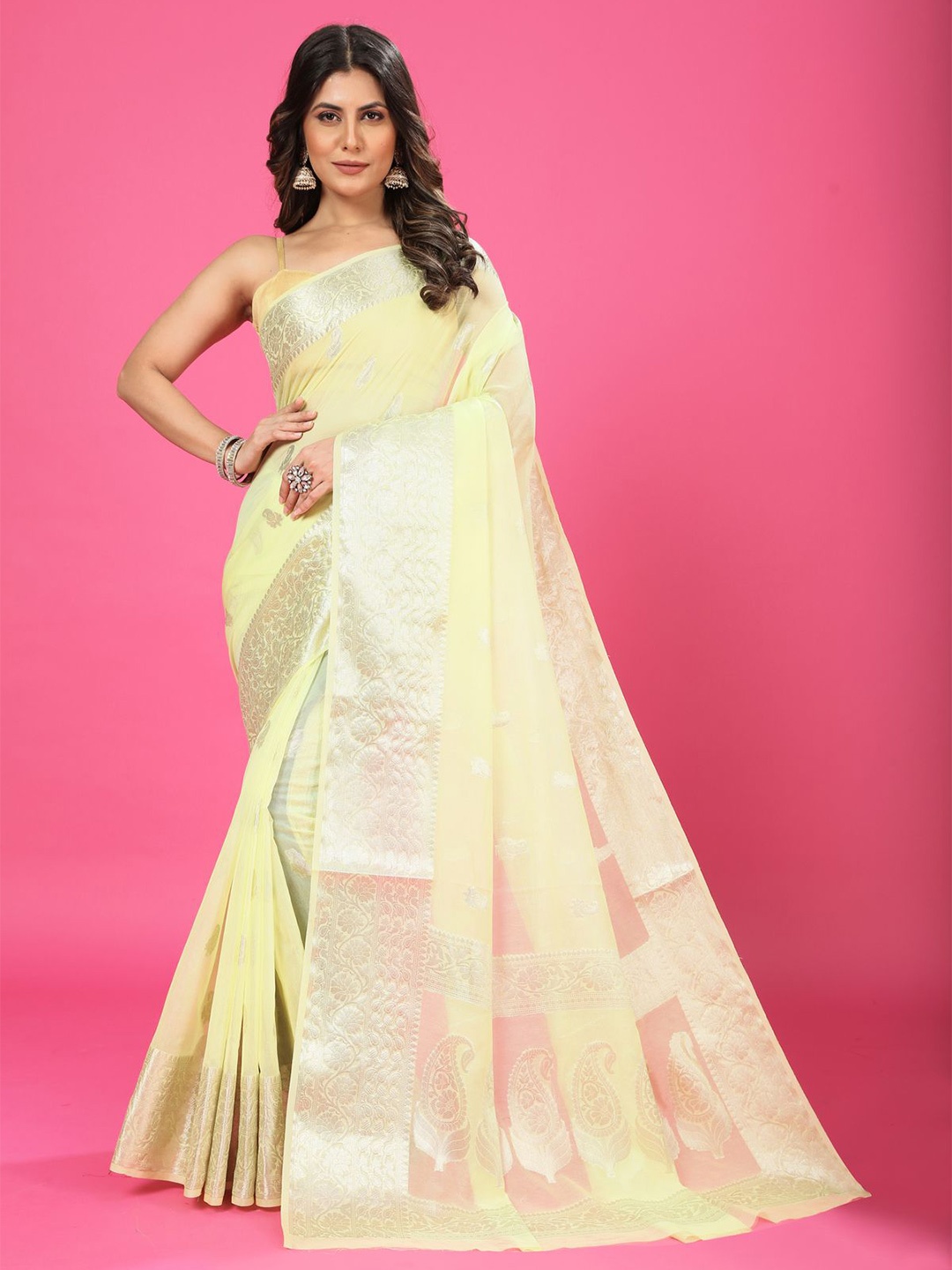 

CRAFTYSTYLES Woven Design Zari Pure Chiffon Banarasi Saree, Yellow
