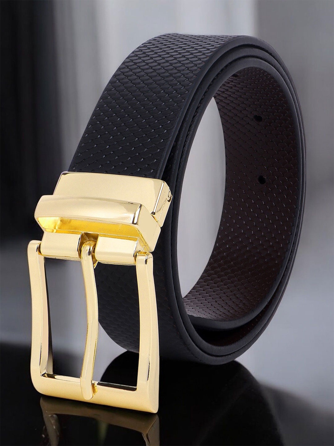 

Metronaut Men Textured Leather Reversible Formal Belt, Black