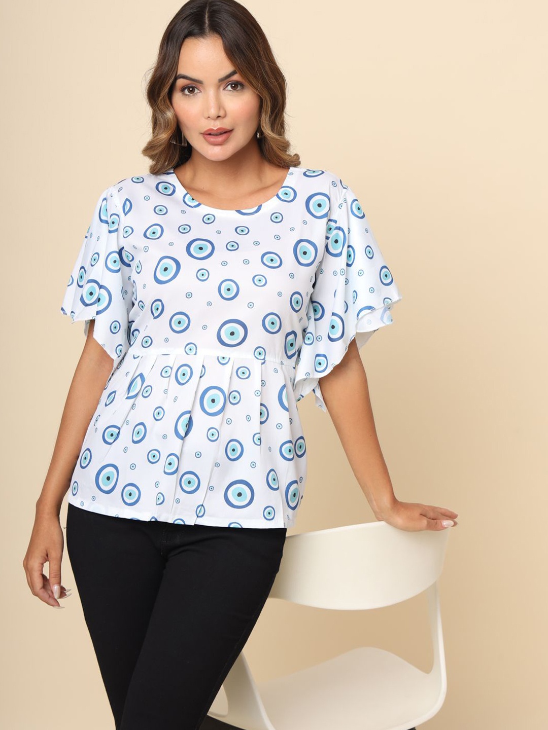 

DressBerry Print Flutter Sleeve Crepe Top, Blue