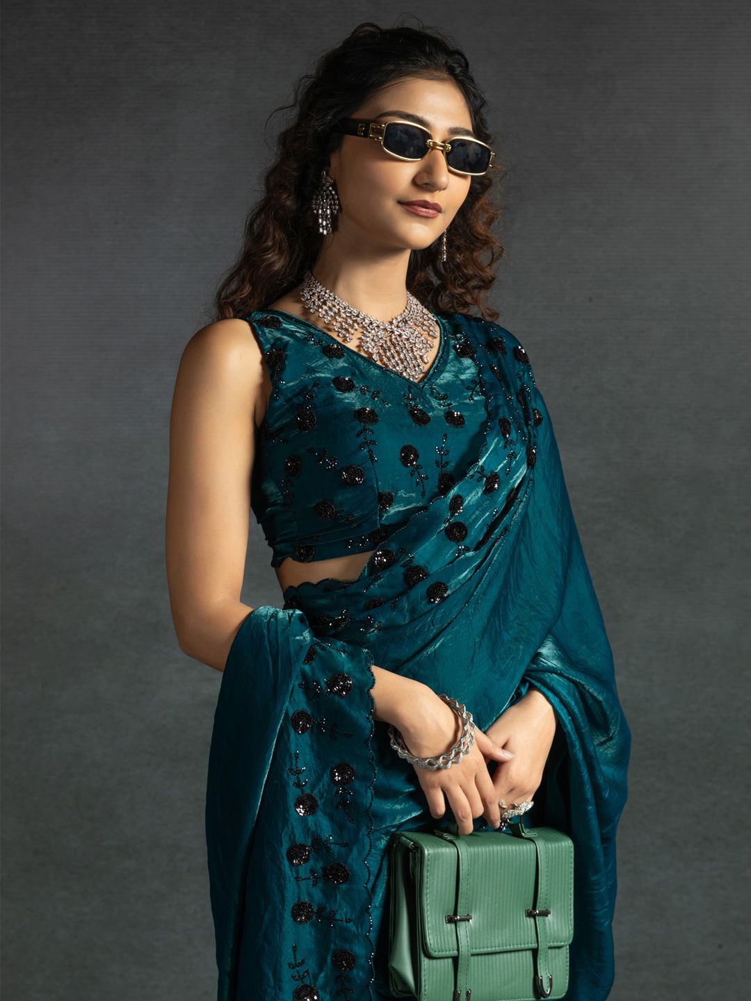 

Saree mall Embellished Sequinned Satin Sarees, Teal