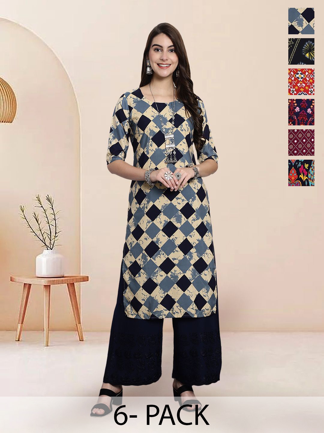 

7Threads Selection of 6 Geometric Printed Round Neck Straight Kurtas, Beige