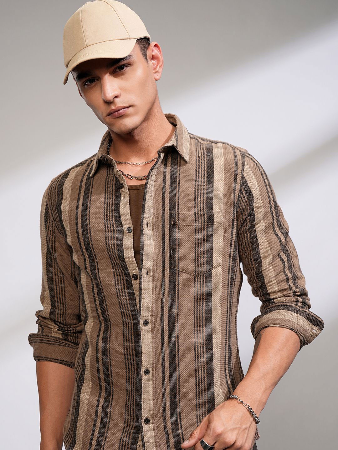 

HIGHLANDER Men Dobby Textured Casual Striped Shirt, Beige