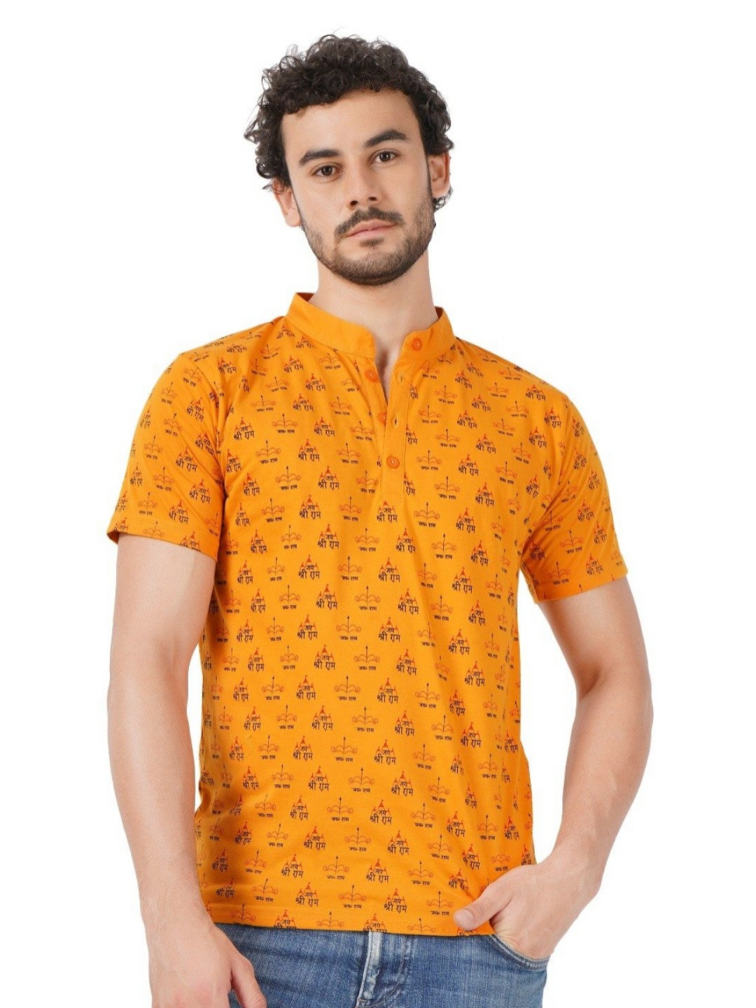 

BLUEFICUS Men Bio Finish Typography Printed Mandarin Collar Cotton T-shirt, Mustard