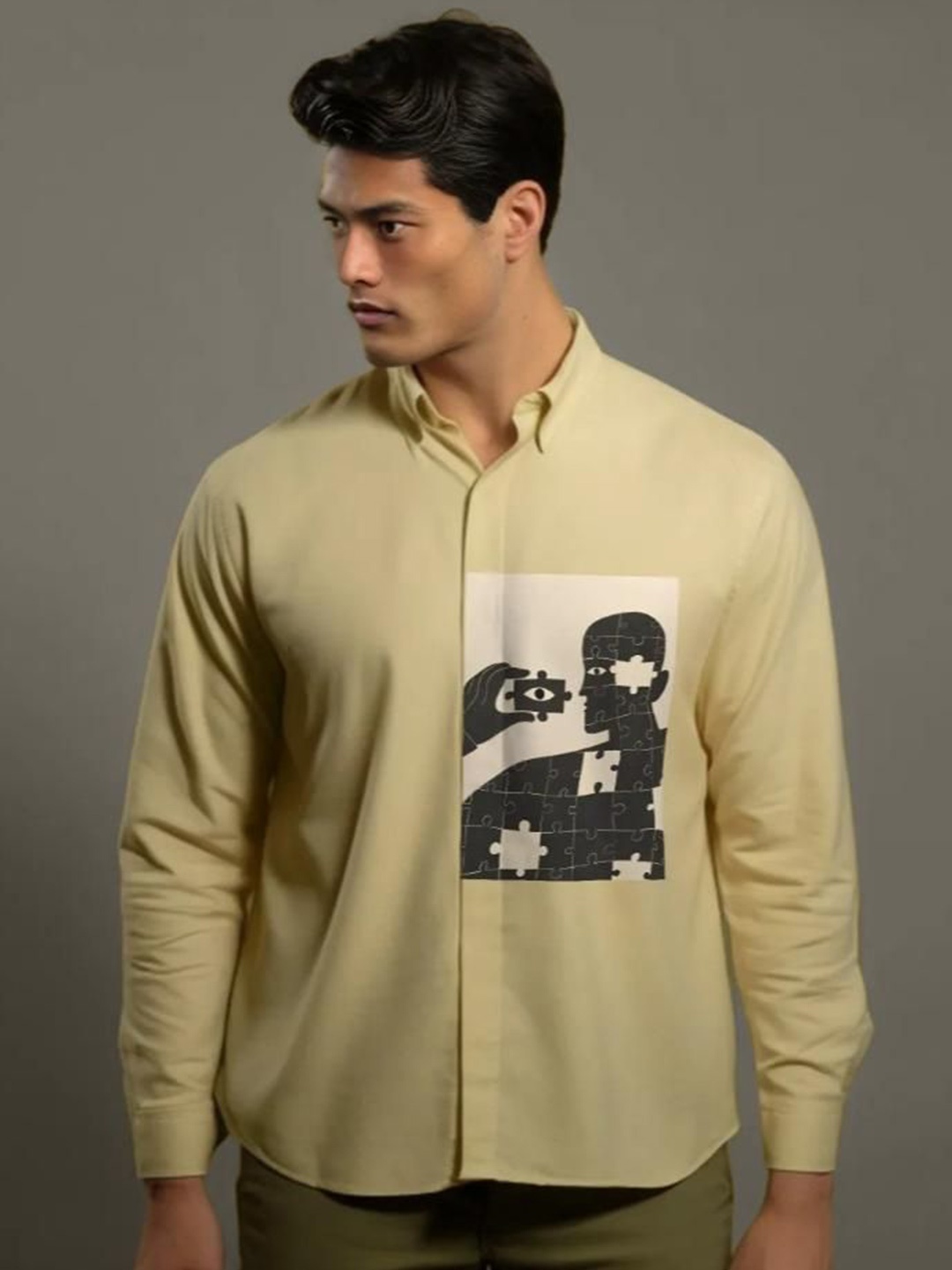 

HE SPOKE Men Smart Tailored Fit Opaque Printed Casual Shirt, Cream