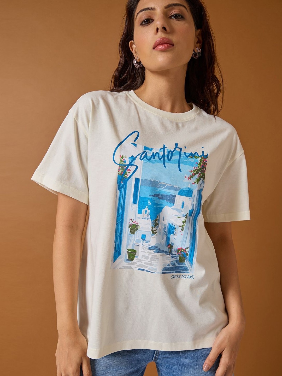 

Mast & Harbour Women Graphic Printed Round Neck Cotton Relaxed Fit T-shirt, Off white
