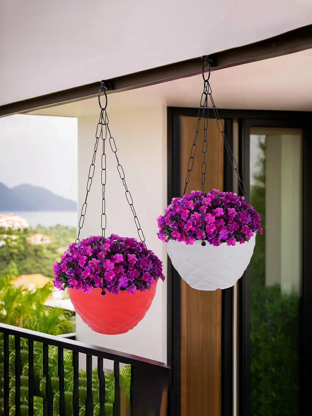

Kuber Industries Red & White 2 Pieces Textured Hanging Planters