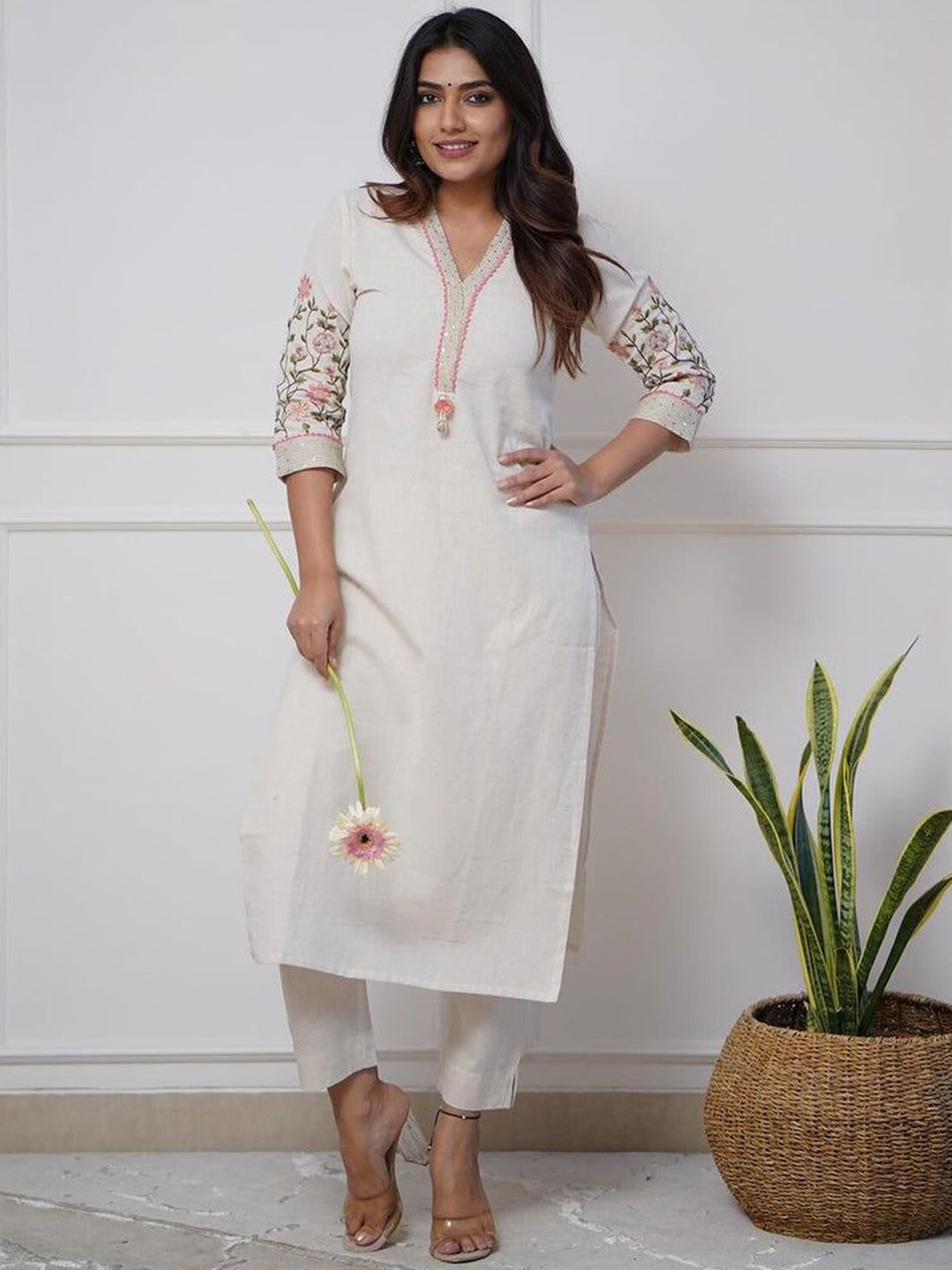 

VASUPRADA Floral Embroidered V-Neck Sequinned Pure Cotton Straight Kurta With Trousers, White