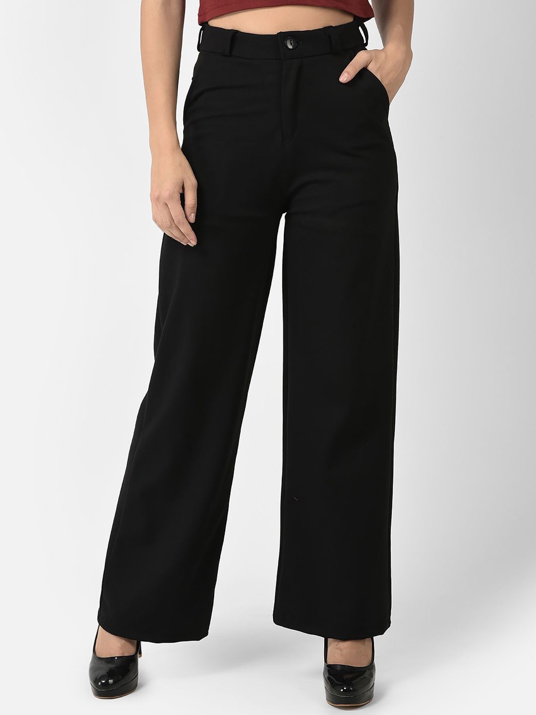 

FNOCKS Women High-Rise Straight Fit Wide Leg Trousers, Black