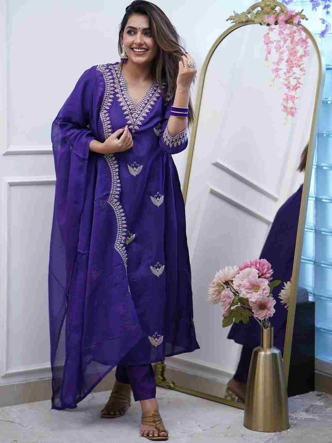

Shriji fashion Floral Embroidered Regular V-Neck A-Line Kurta With Trousers And Dupatta, Blue