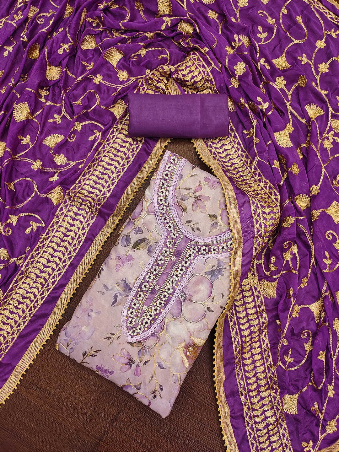 

SAINOOR Floral Printed Embellished Beads And Stones Semi-Stitched Dress Material, Purple