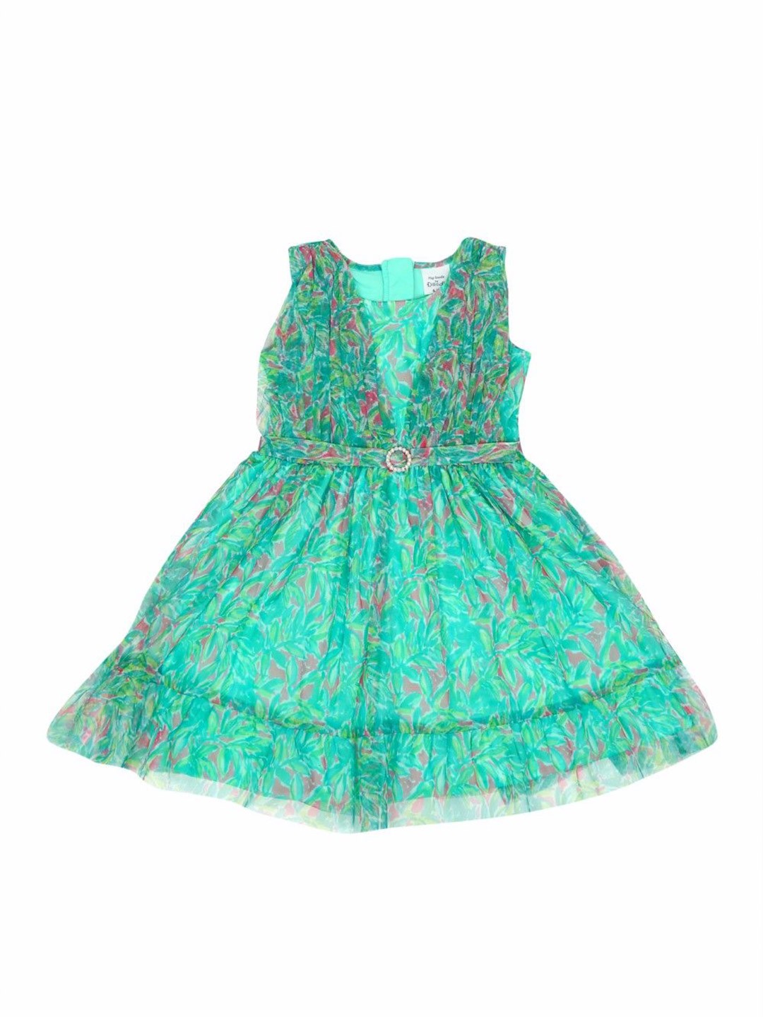 

Doodle Girls Floral Printed Net Gathered Fit & Flare Dress, Green