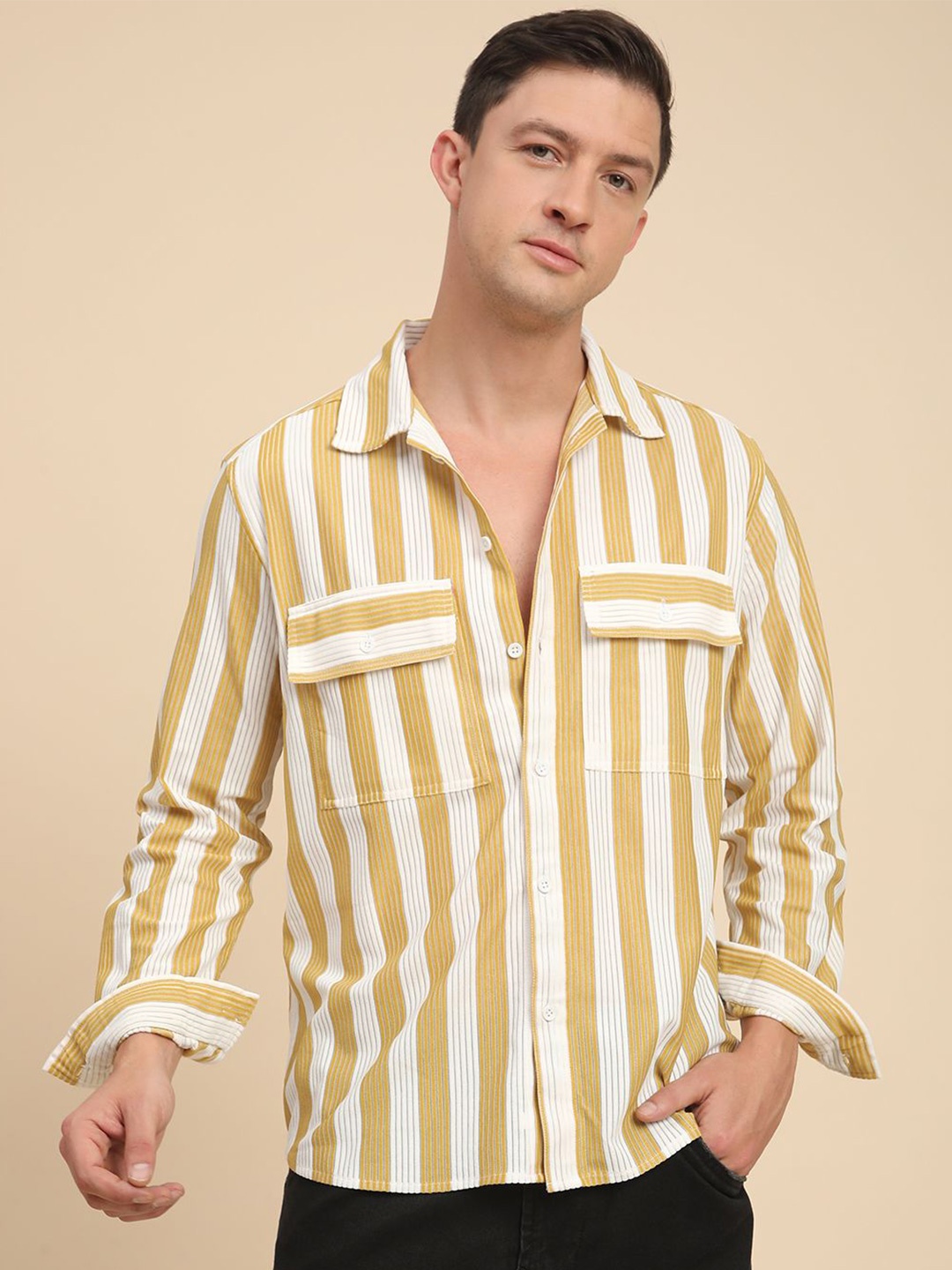 

Voroxy Men Relaxed Opaque Striped Casual Shirt, Yellow