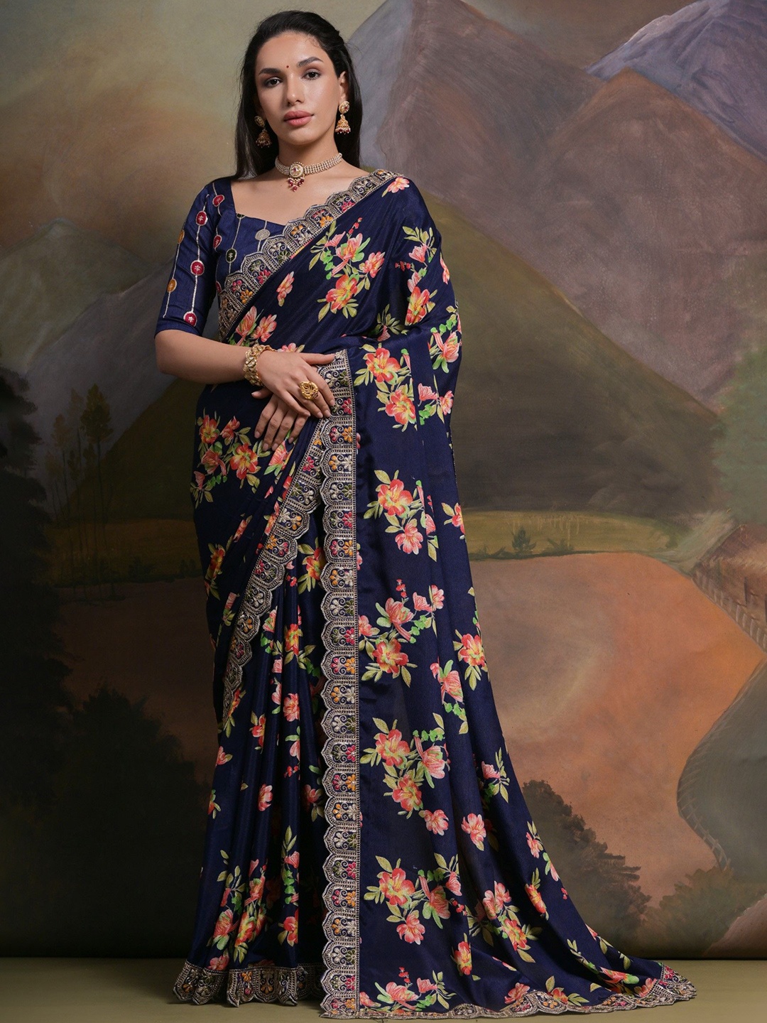 

DIVASTRI Floral Printed Sequinned Embroidered Saree, Blue