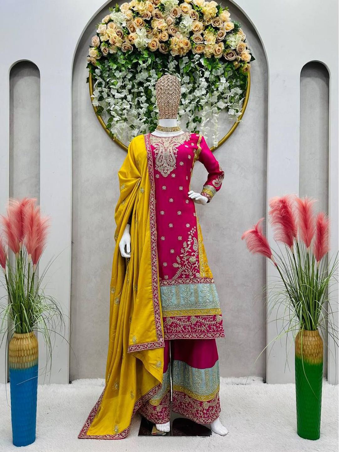 

AKSHARAM Paisley Embroidered Sequinned Straight Kurta With Palazzos & Dupatta, Pink