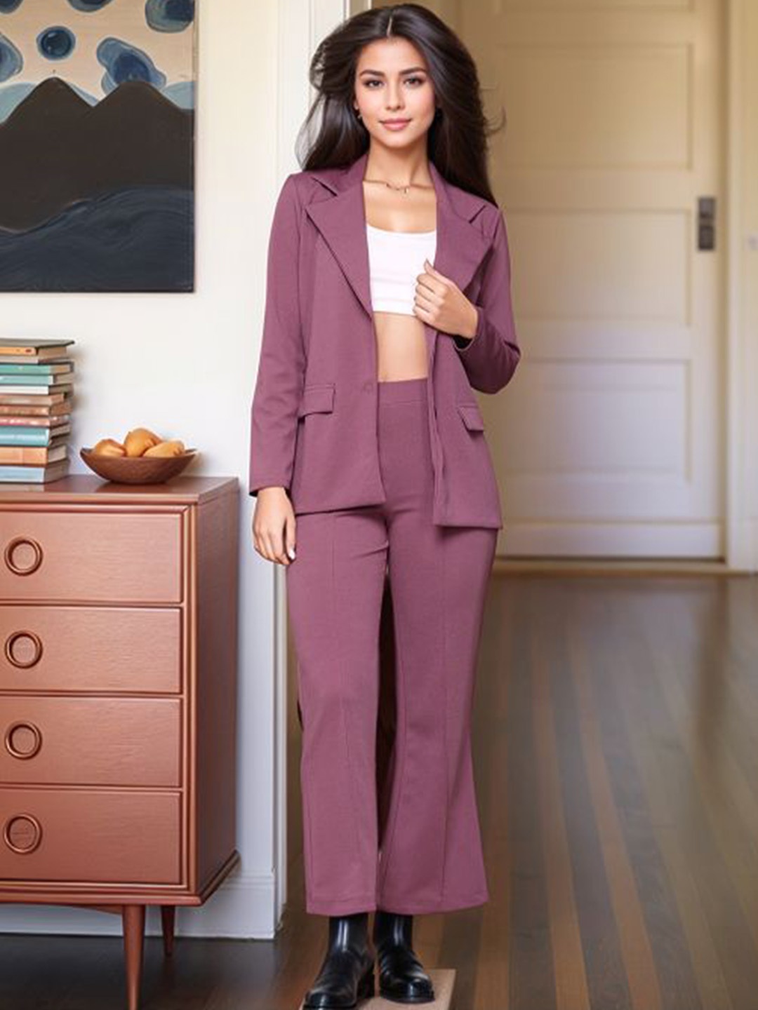 

DressBerry Notched Lapel Collar Blazer With Trousers, Pink