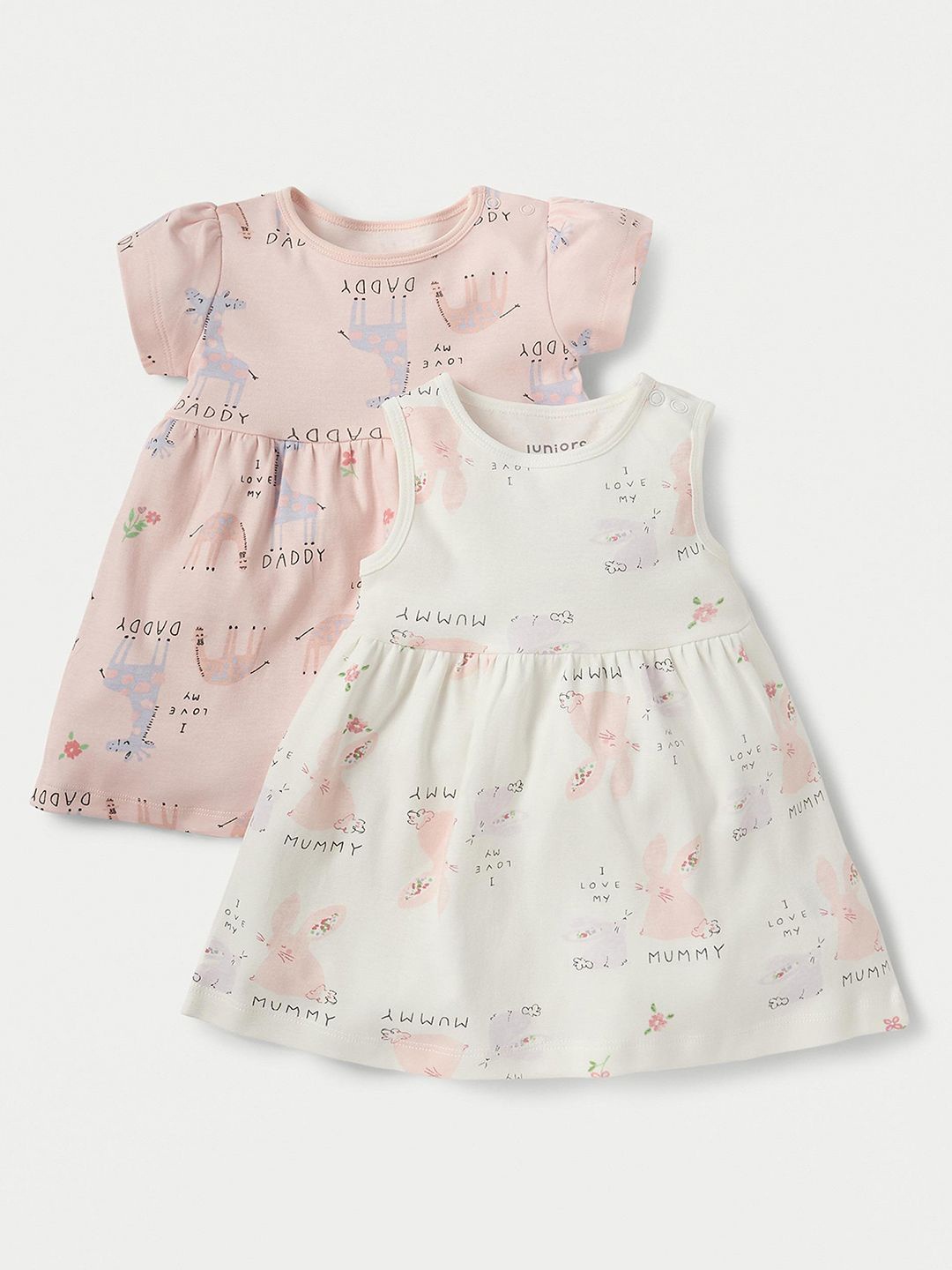 

Juniors by Babyshop Girls Pack Of 2 Cotton Floral Printed Fit and Flare Dress, Pink