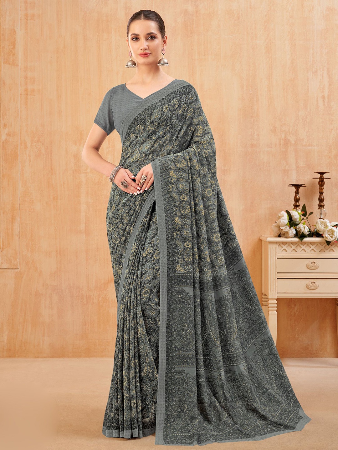 

Anouk Rustic Floral Printed Pure Georgette Dabu Saree, Grey