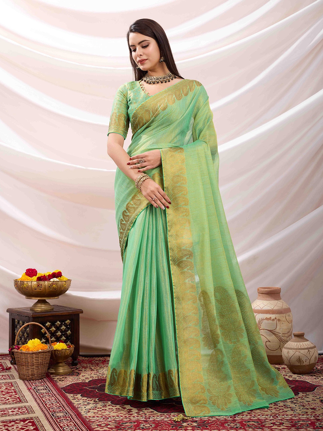 

Mitera Woven Design Zari Linen Blend Saree, Sea green