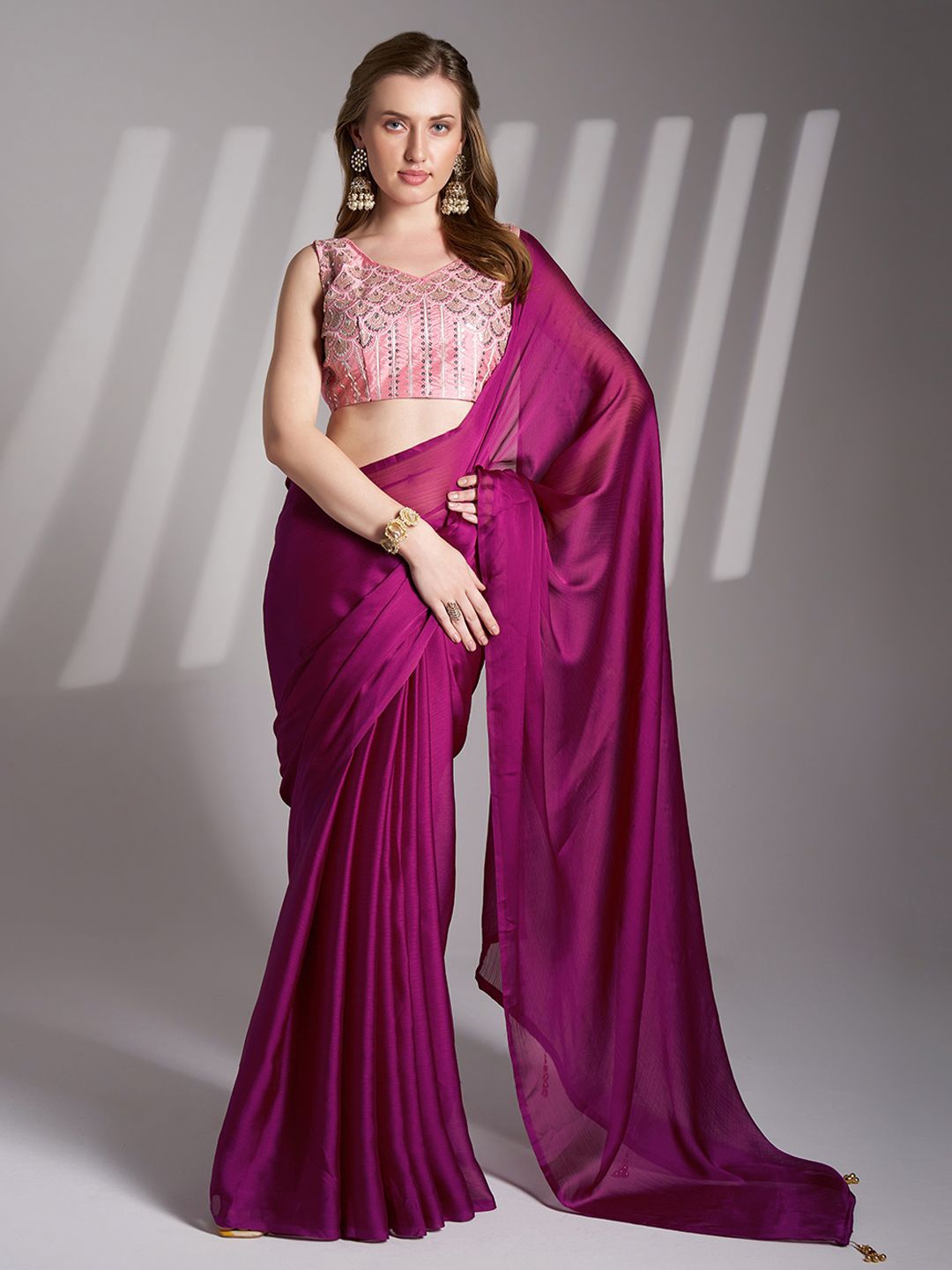

Kalista Solid Satin Saree With Blouse Piece, Pink