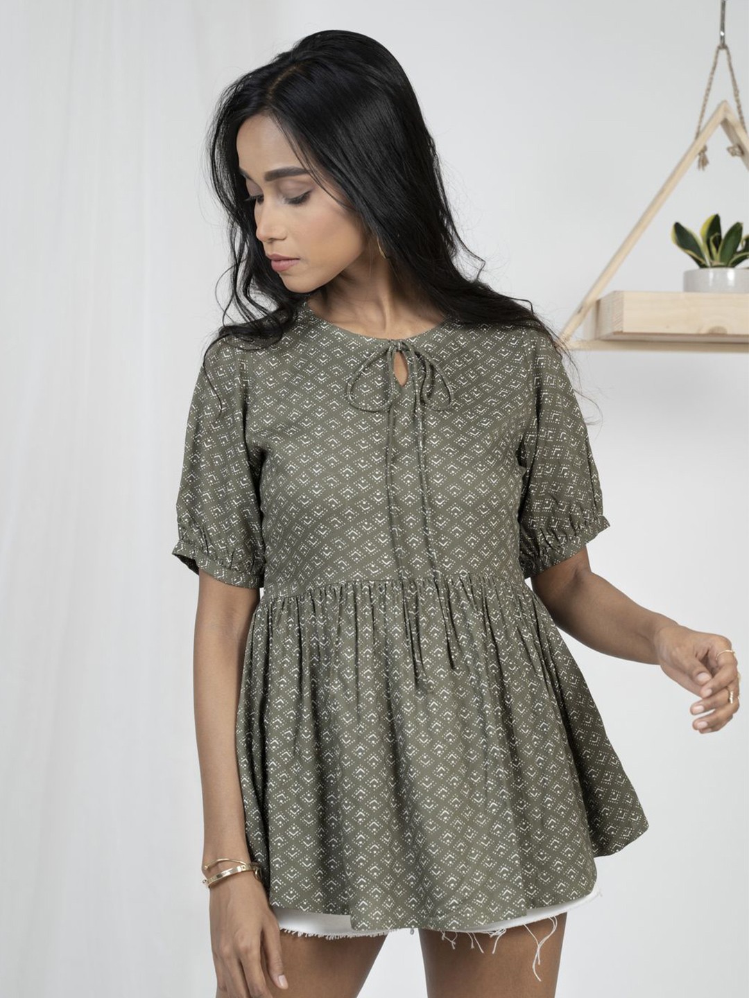 

XOXO Cherry Girls Ethnic Motifs Printed A-Line Top, Olive