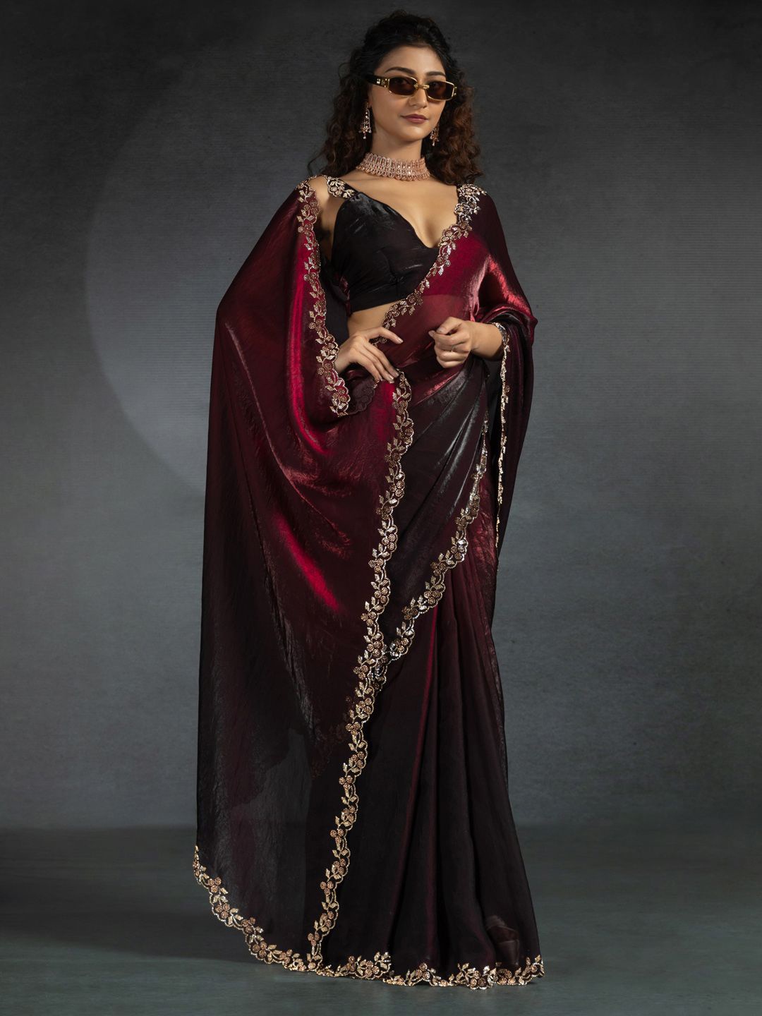 

Saree mall Embellished Beads and Stones Satin Silk Sarees, Burgundy