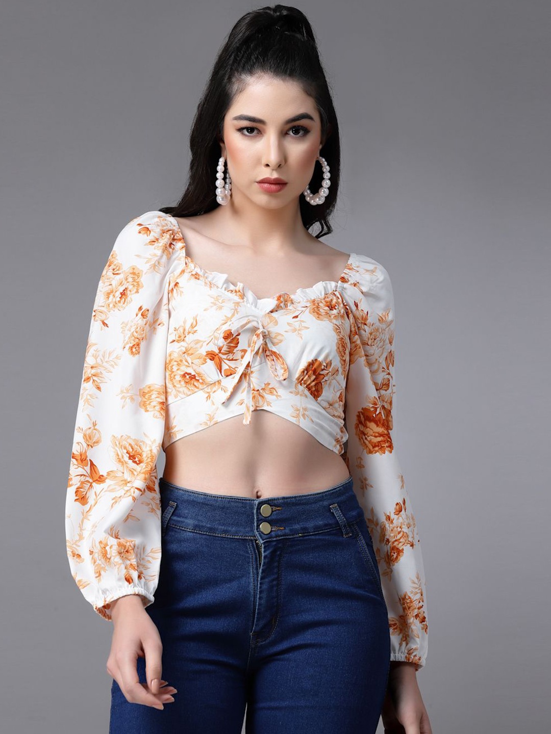 

DressBerry Floral Print Sweetheart Neck Puff Sleeve Smocked Crepe Blouson Top, White