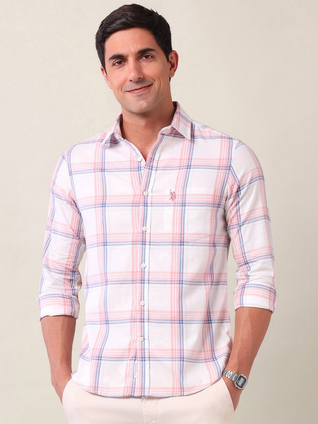 

U.S. Polo Assn. Men Tailored Fit Opaque Checked Casual Shirt, Pink