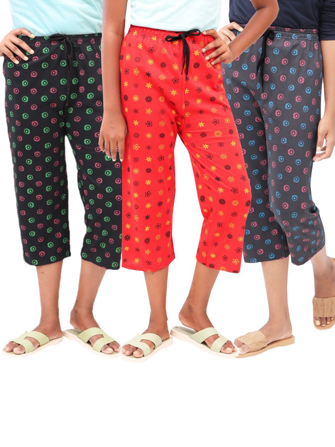 

AFRA GARMENTS Women Pack of 3 Printed Cotton Capris, Red