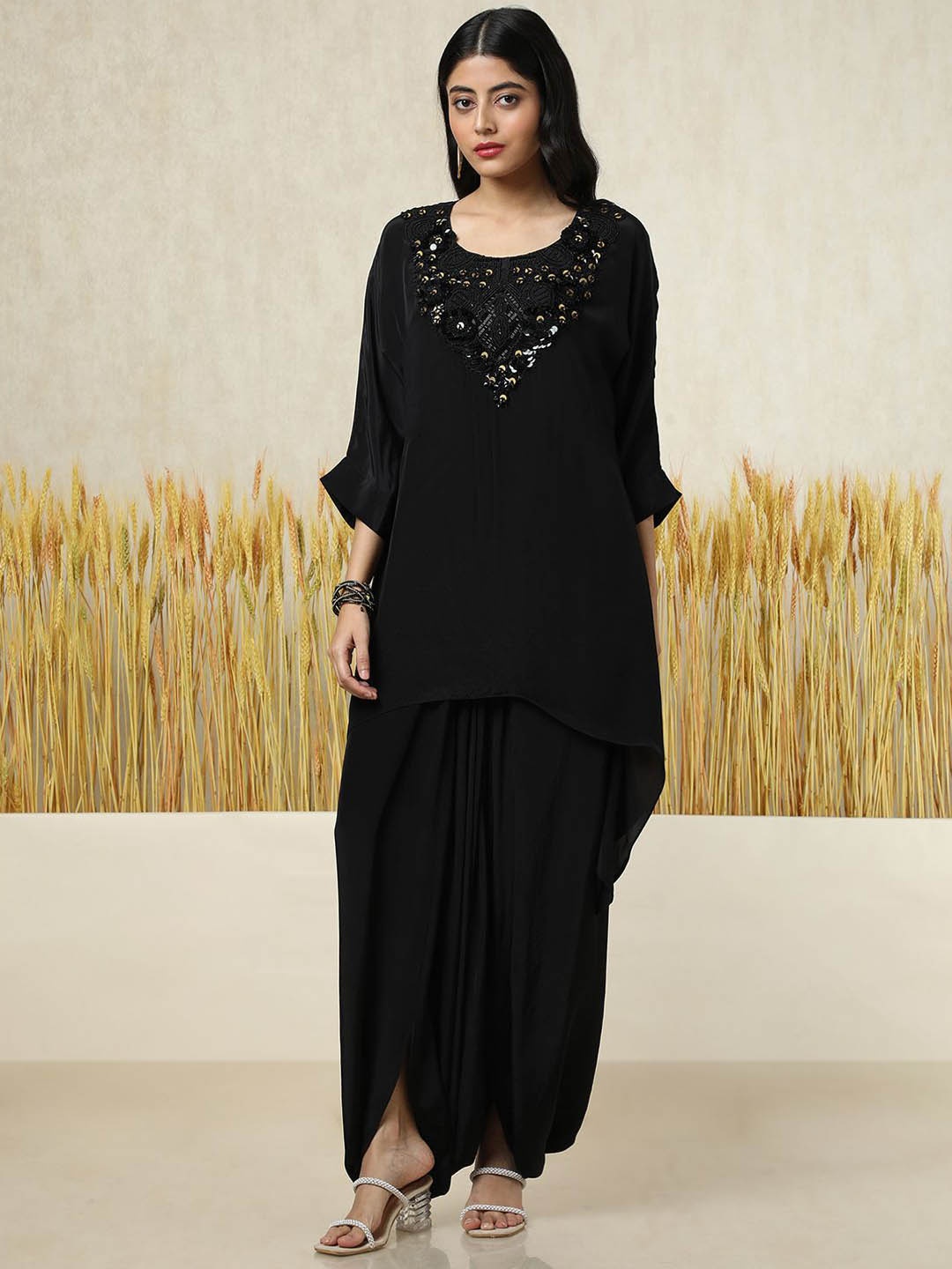 

Soch Floral Embroidered Square Neck Layered A-Line Kurti With Dhoti Pants, Black