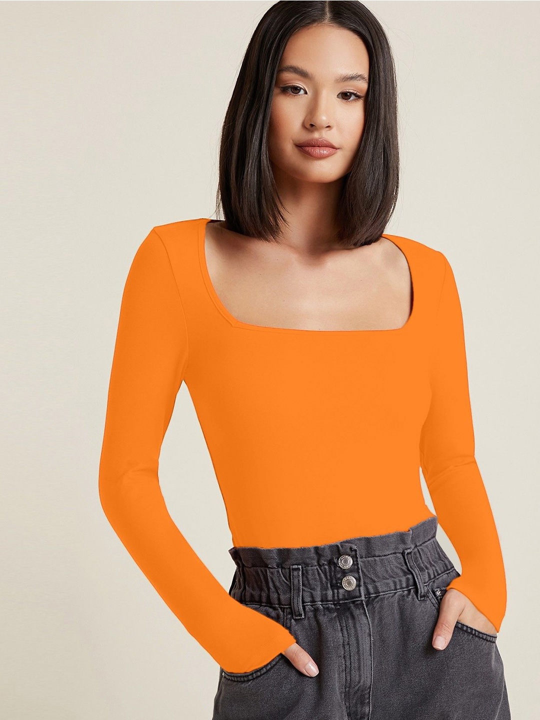 

AAHWAN Square Neck Fitted Top, Orange