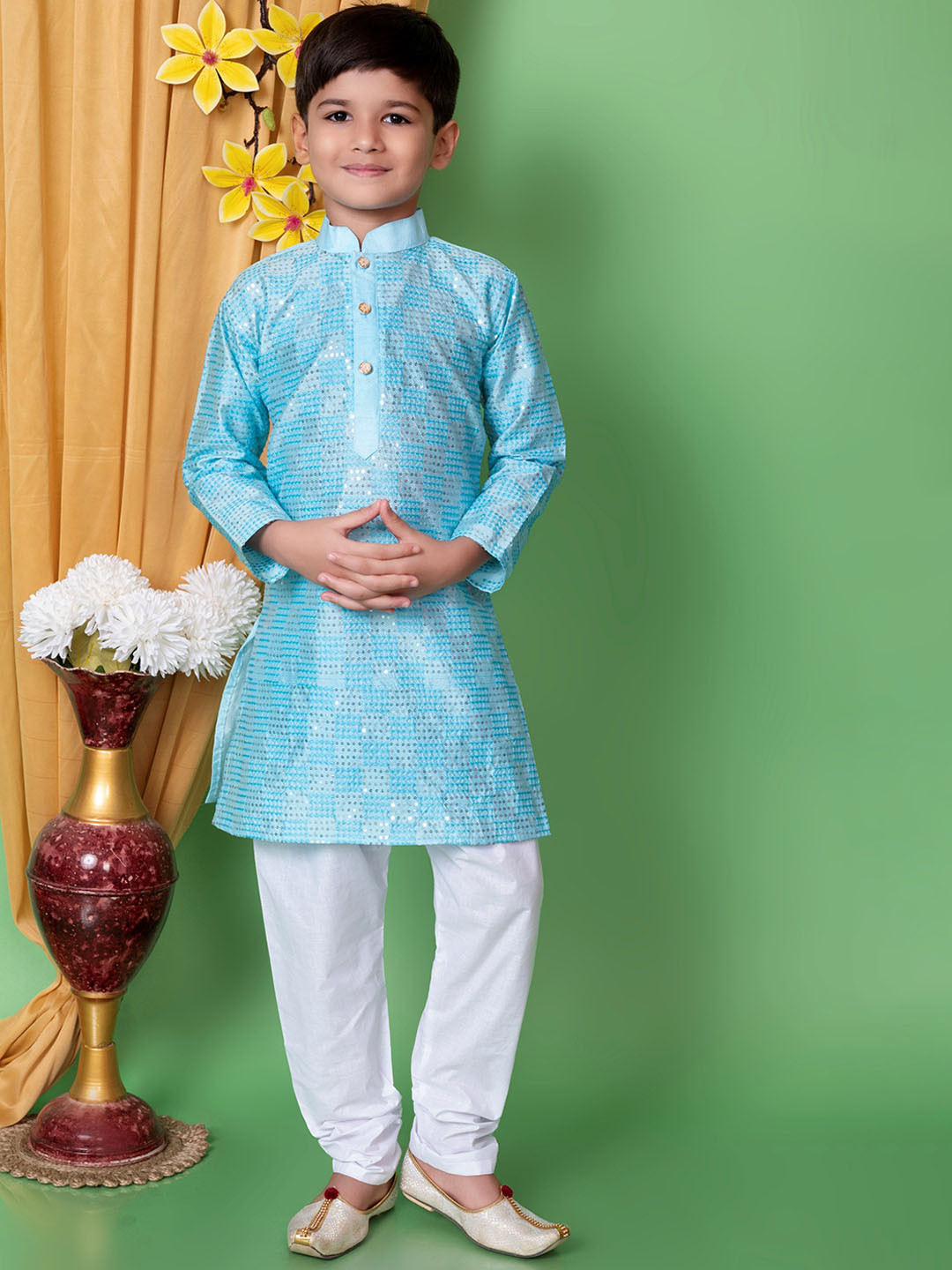 

Cae Boys Geometric Embroidered Sequinned Dupion Silk Kurta With Pyjama, Turquoise blue