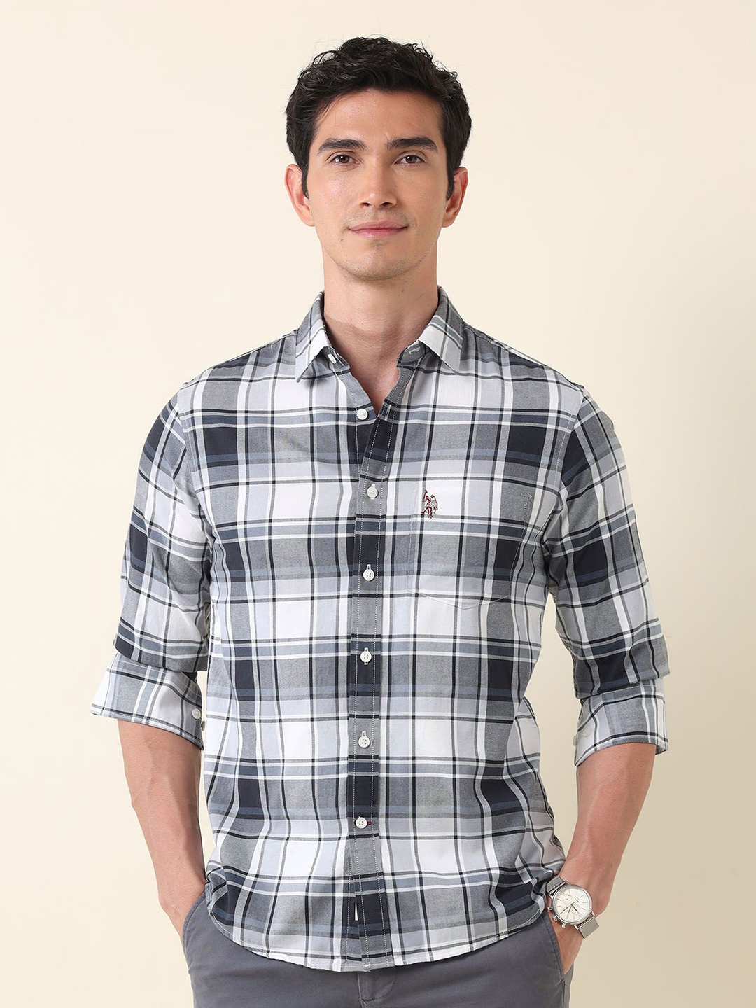 

U.S. Polo Assn. Men Tailored Fit Opaque Checked Casual Shirt, Grey