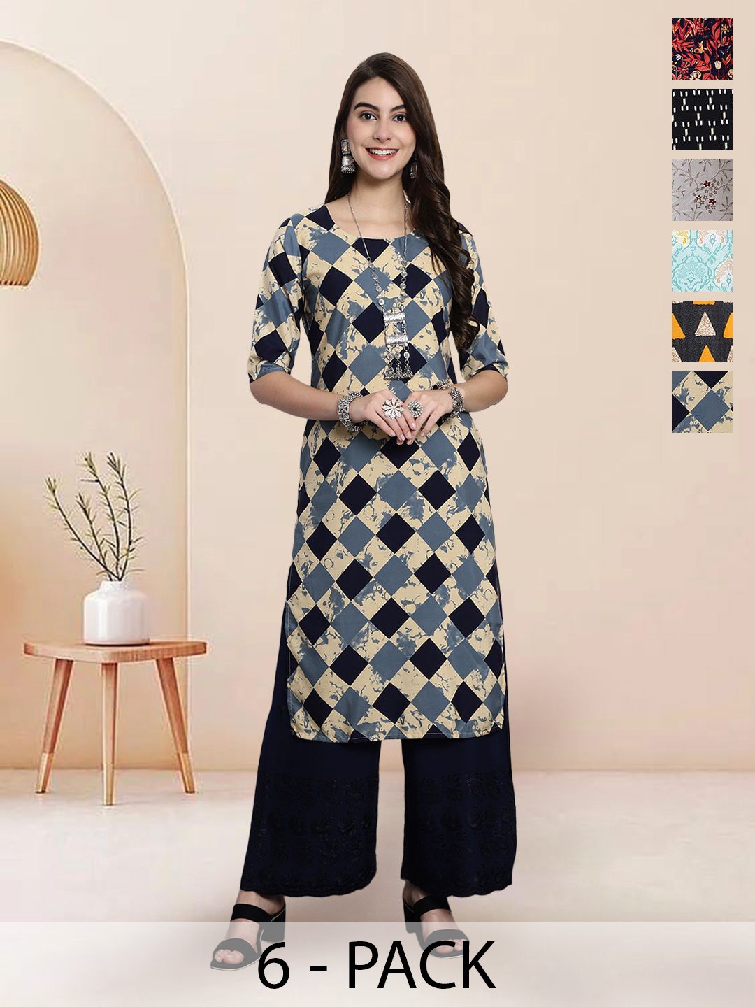 

7Threads Selection Of 6 Checked Round Neck Straight Kurtas, Beige