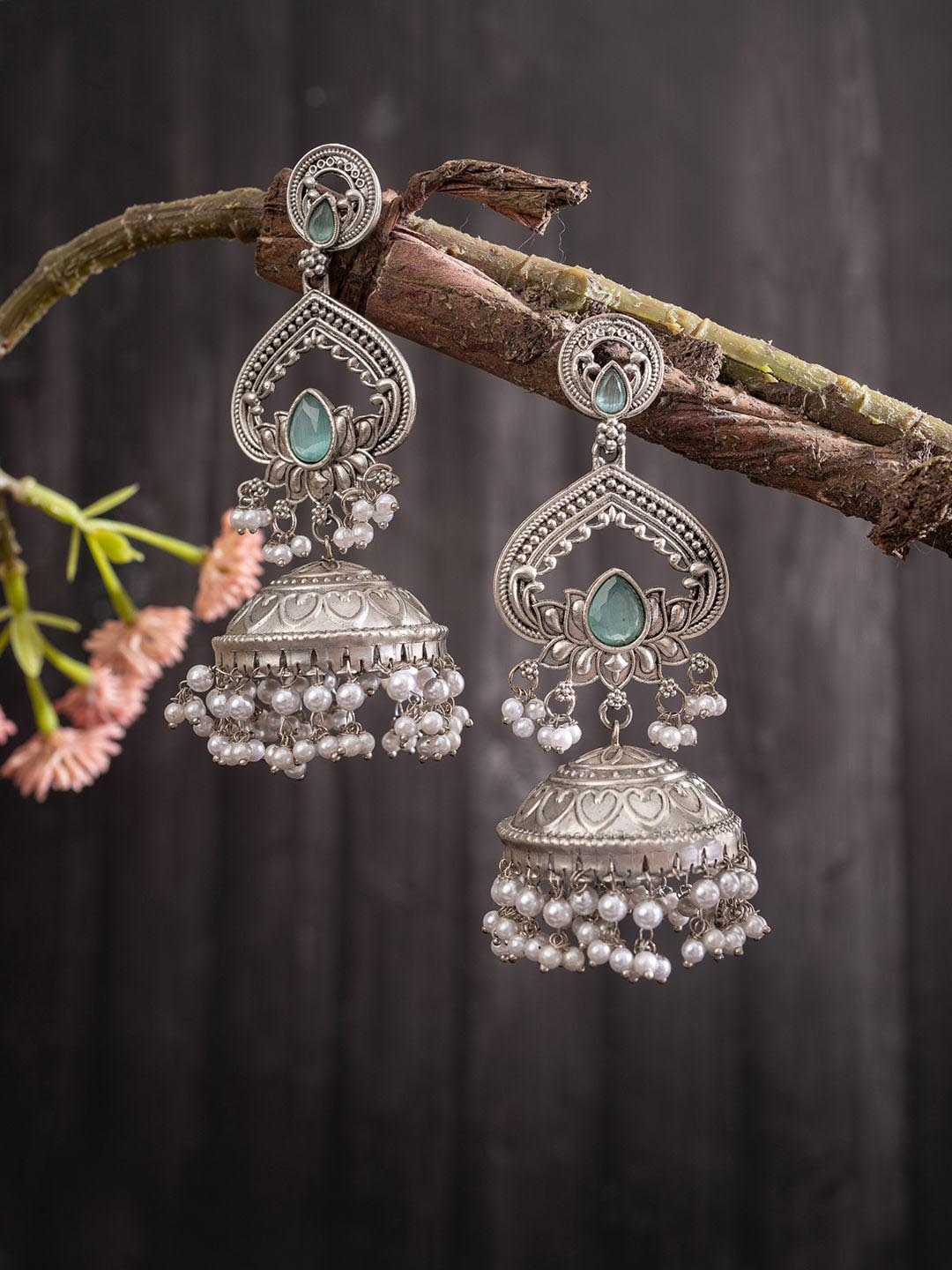 

PANASH Silver-Plated Artifical Stones Studded & Beaded Dome Shaped Oxidised Drop Earrings