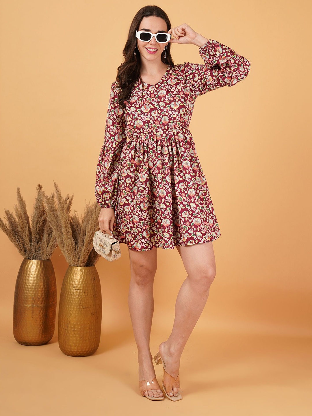 

FebQ Floral Print Bishop Sleeve Peplum Midi Dress, Maroon