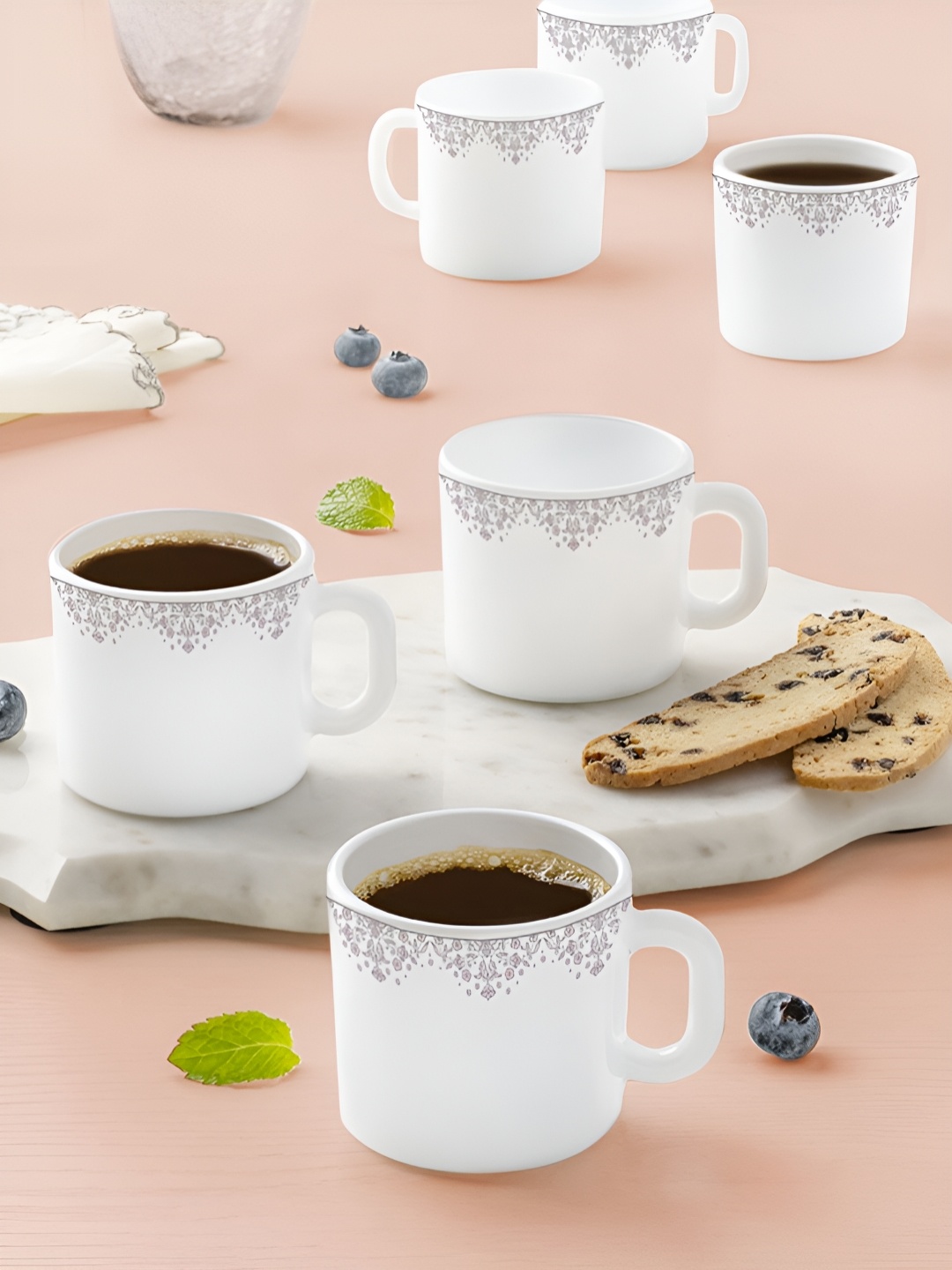 

Larah by BOROSIL Lark White & Grey 6 Pcs Printed Opalware Matte Mugs 250 Ml