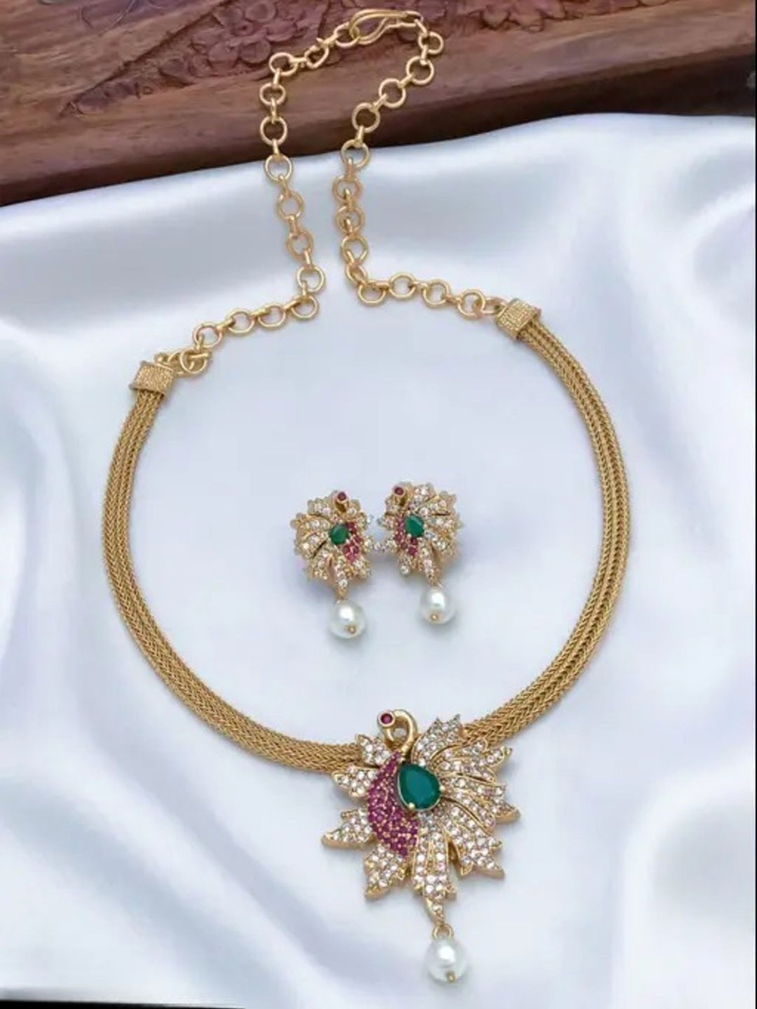 

ROFARWORD Gold-Plated CZ Stones Studded & Pearls Beaded Jewellery Set