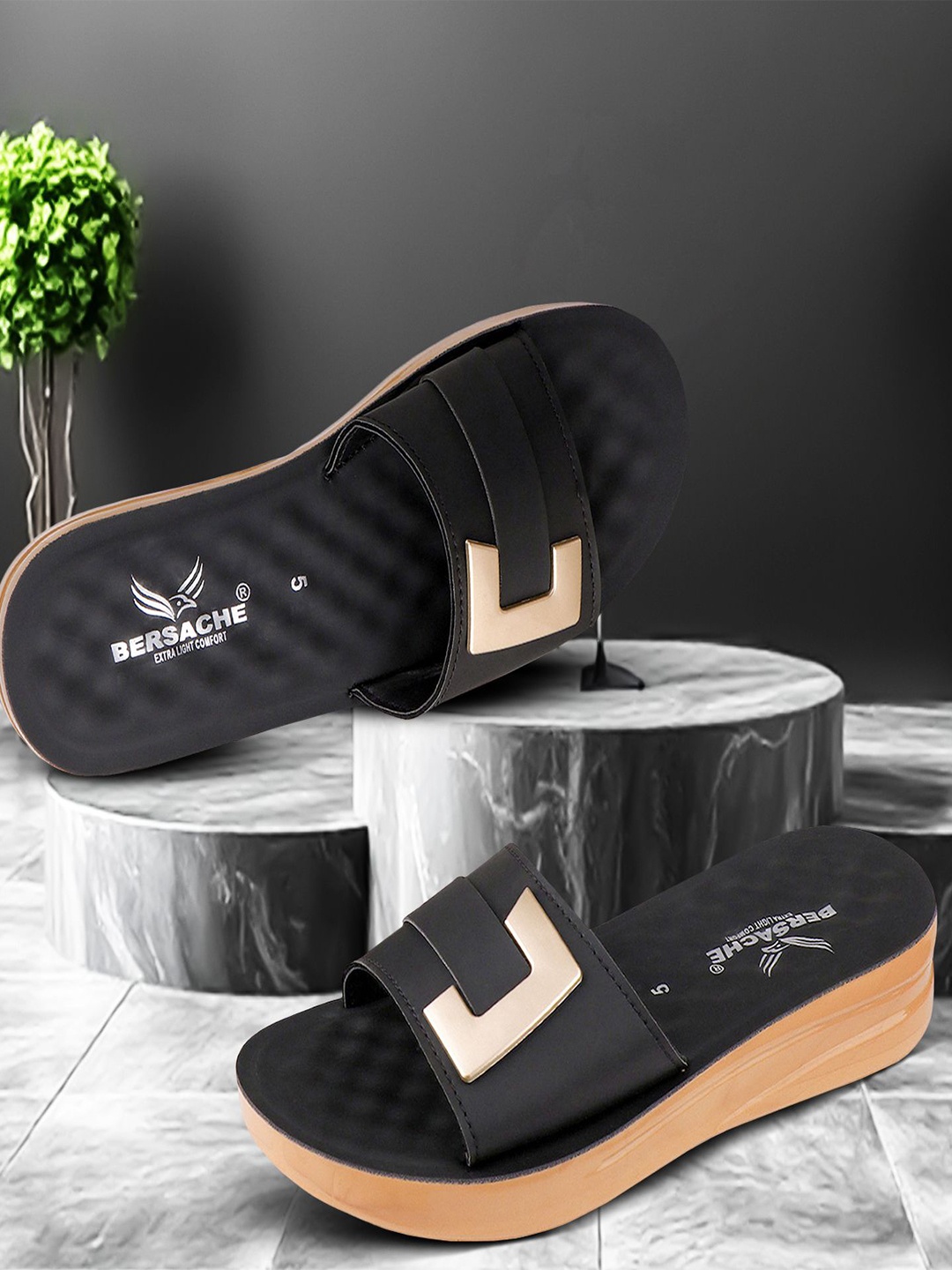

BERSACHE Women Open Toe Flats, Black