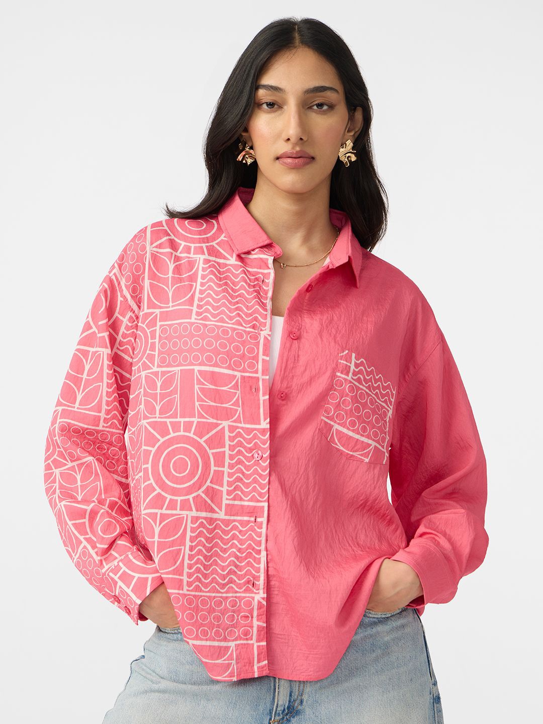 

The Souled Store Desert Rose Opaque Geometric Printed Casual Oversized Shirt, Pink