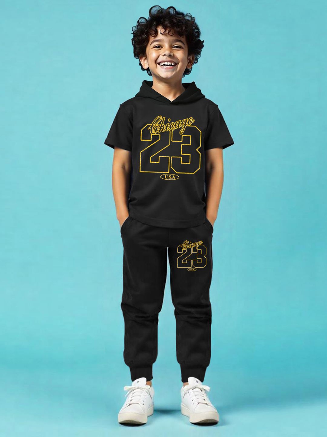 

YK X Trampoline Kids Graphic Printed Hooded Neck T-shirt With Track Pant, Black
