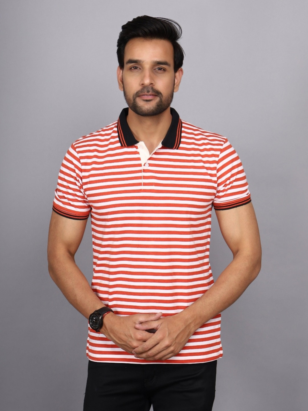 

JAGURO Men Striped Polo Collar Cotton T-shirt, Orange