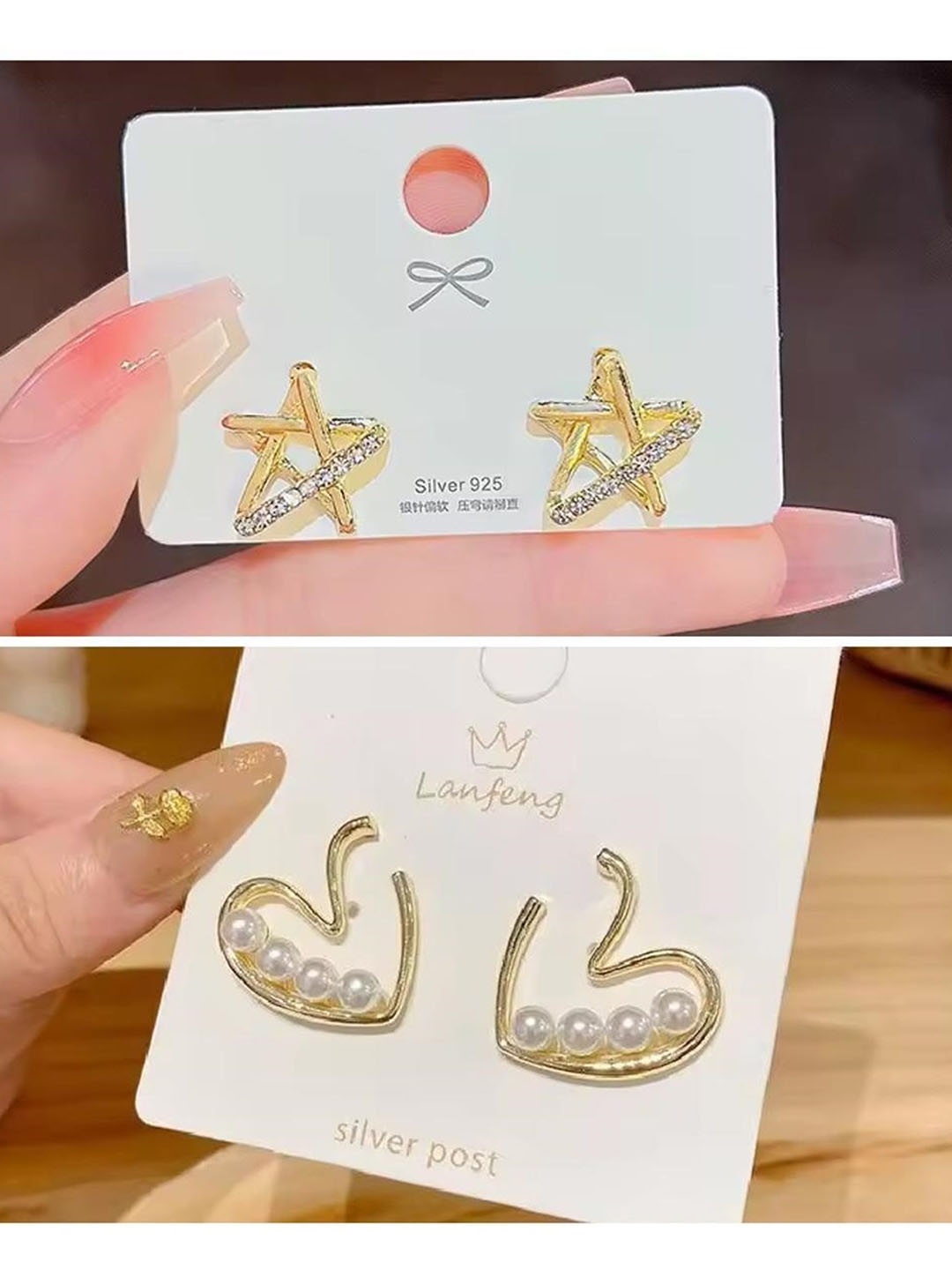 

MADDY SPACE Set Of 2 Gold-Plated Pearls Studded Heart Shaped Korean Studs